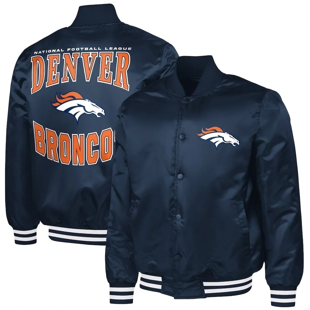 New Denver Broncos Team Graphic  Full-Snap Navy Blue Satin Men's Varsity Bomber
